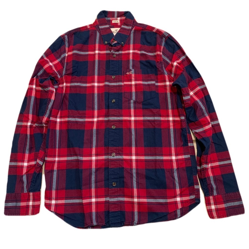Hollister Plaid Flannel Shirt - Size M - Red/Navy/White Stretch